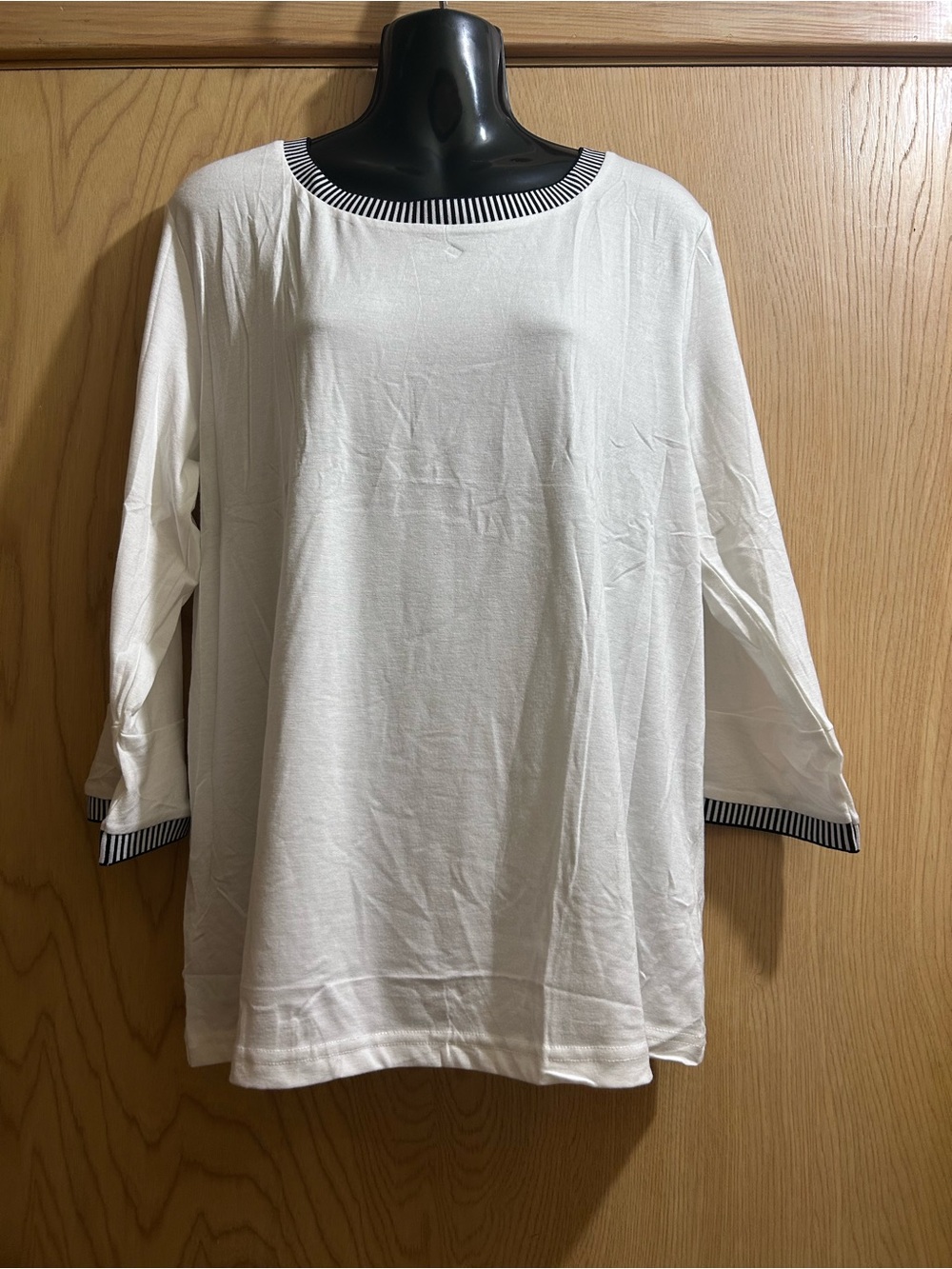 Women’s White Boatneck Long Sleeve Top with Black Stripe Trim